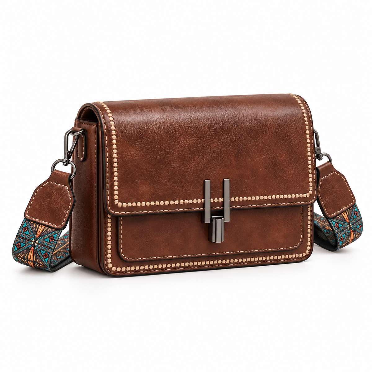 Vintage Brown Patterned Strap Crossbody Bag-1
