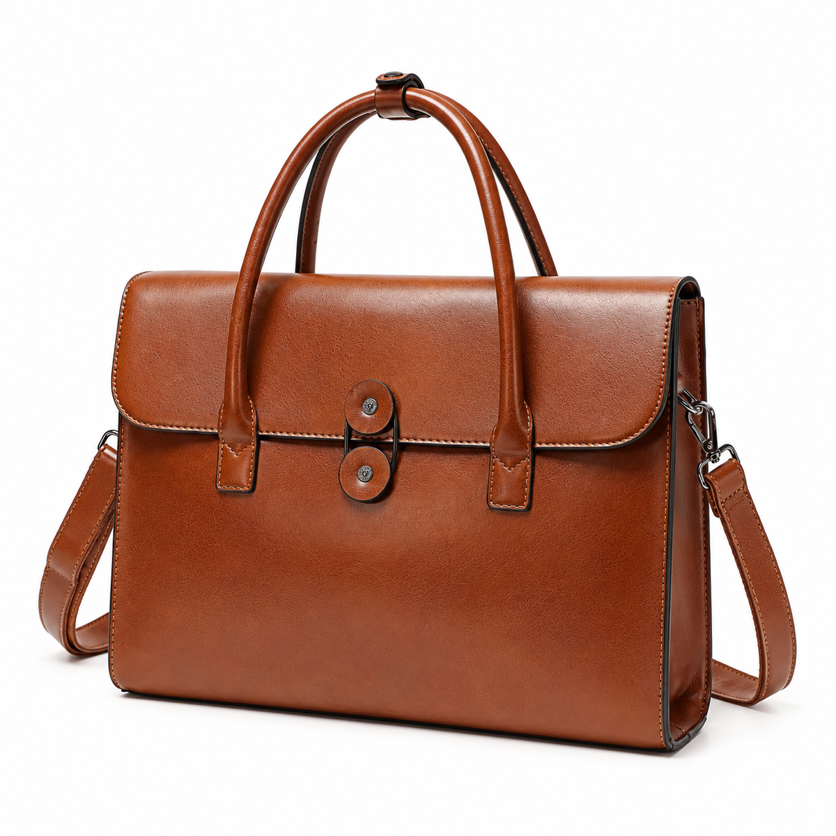 Classic Cognac Leather Briefcase With Strap-3