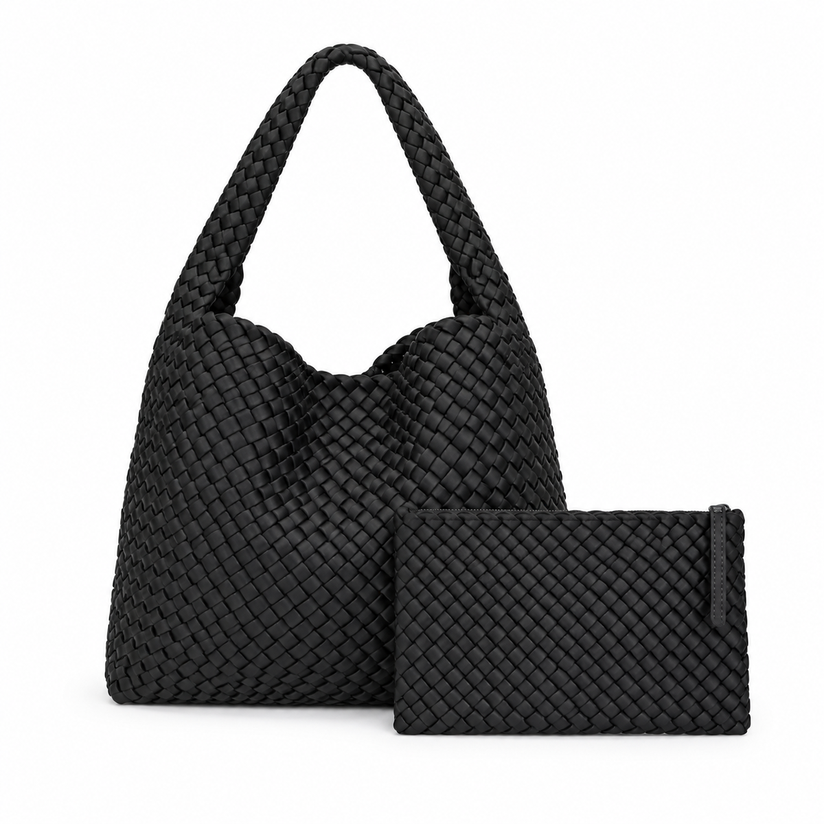 Black Woven Shoulder Bag With Pouch-3