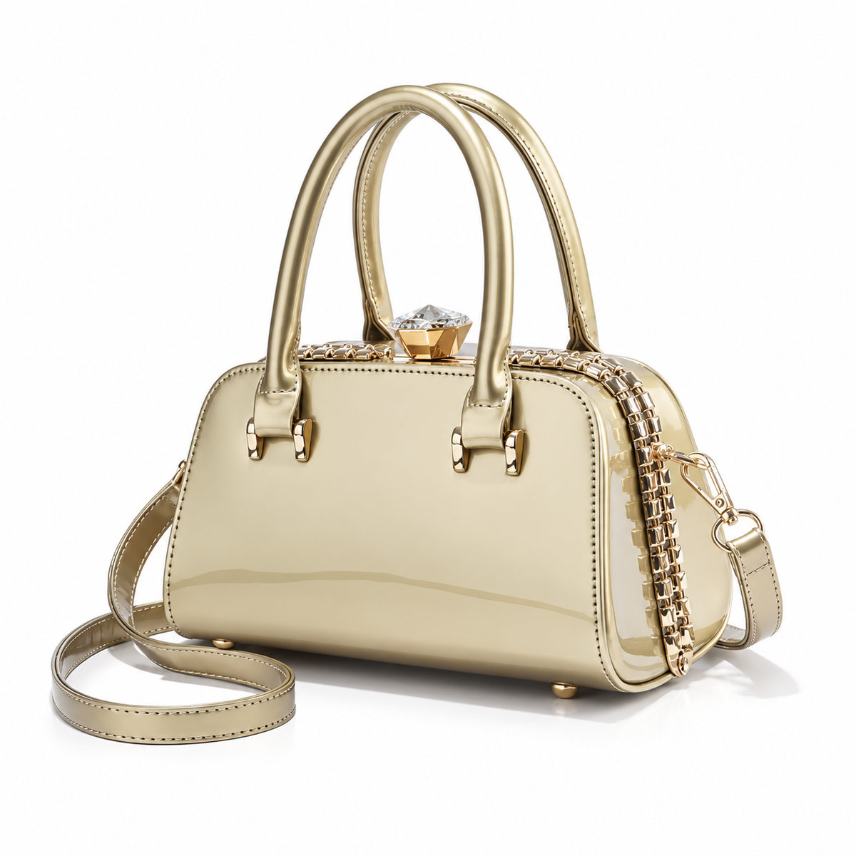 Champagne Gold Handbag With Crystal Clasp-2