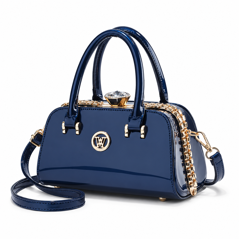 Navy Blue Glossy Crystal Clasp Handbag-4