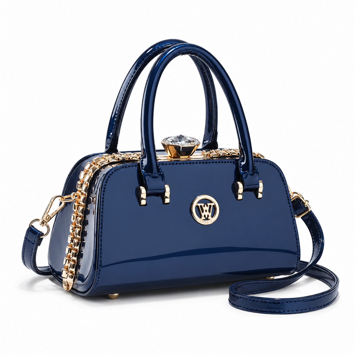 Navy Blue Glossy Crystal Clasp Handbag