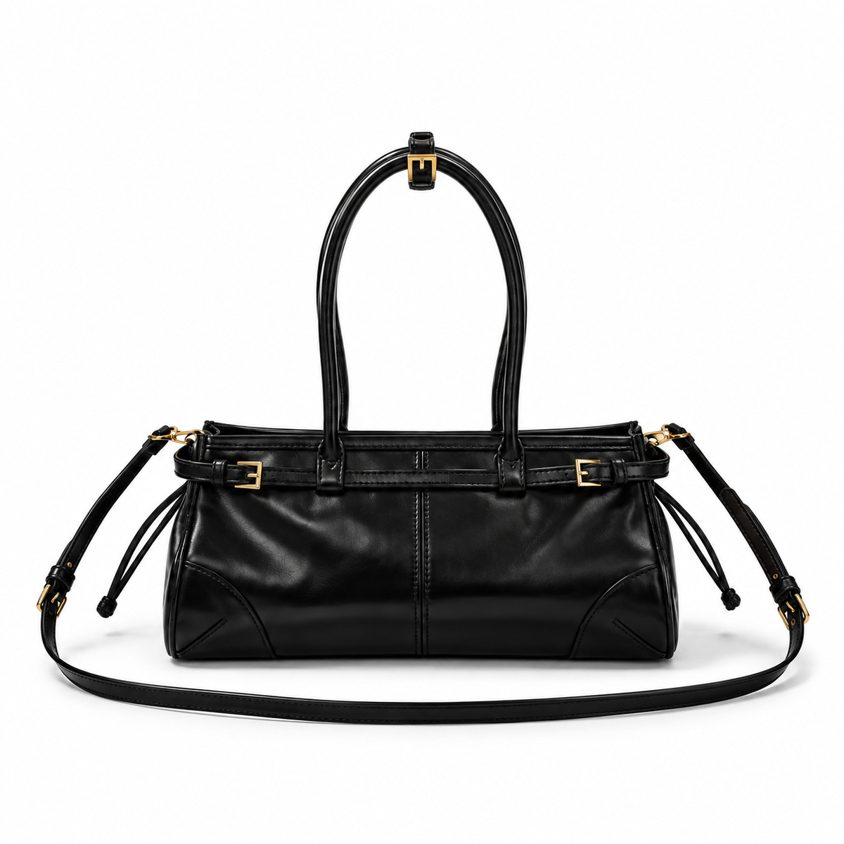 Glossy Black Structured Shoulder Handbag Purse-2