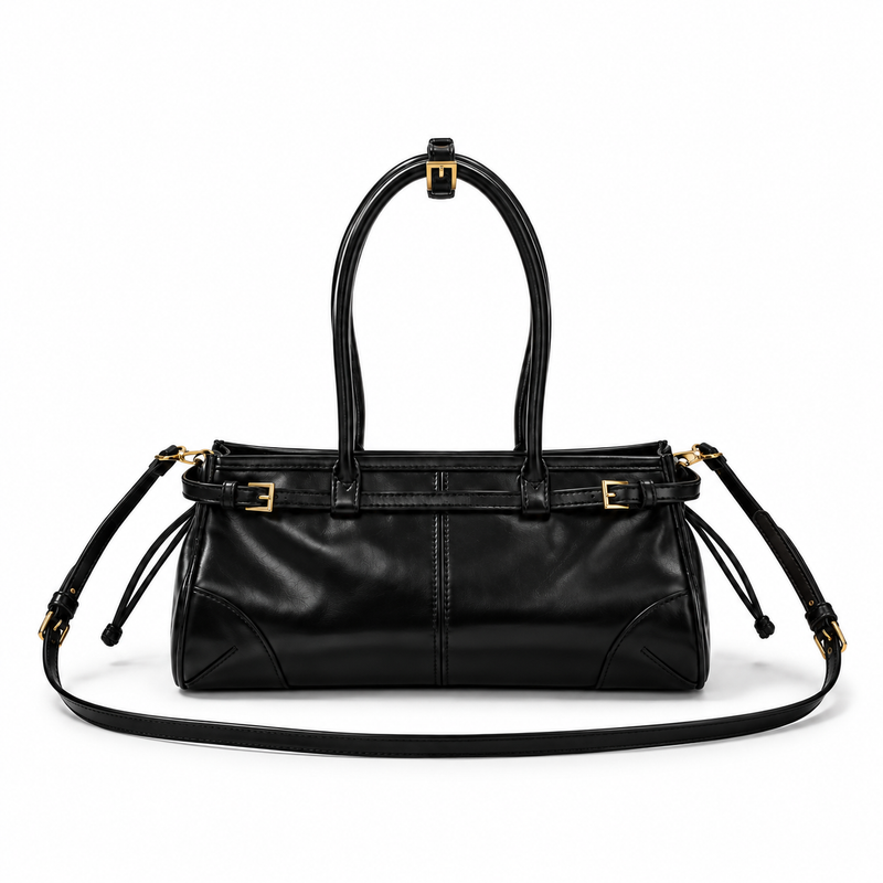 Glossy Black Structured Shoulder Handbag Purse-2
