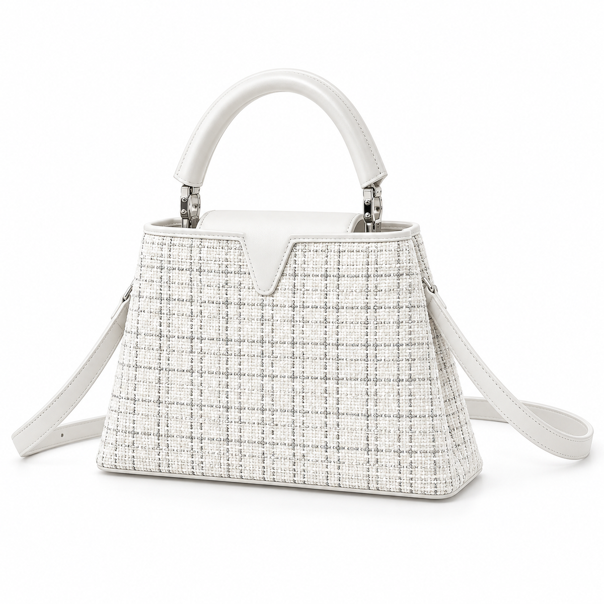 White Textured Vegan Leather Top Handle-3