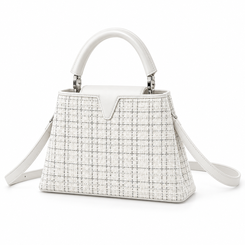 White Textured Vegan Leather Top Handle-3