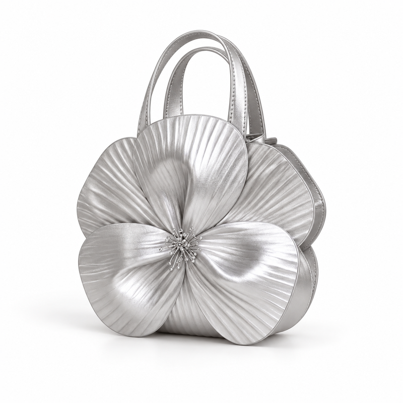 Silver Metallic Flower Sculpted Handle Clutch-2