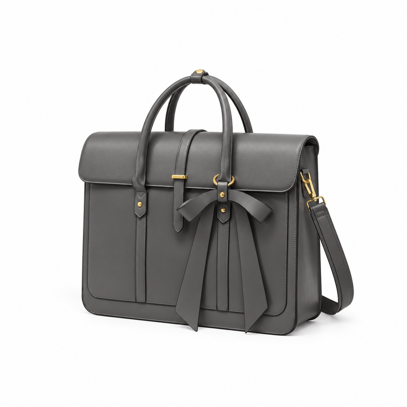 Grey Bow Detail Leather Laptop Bag-2