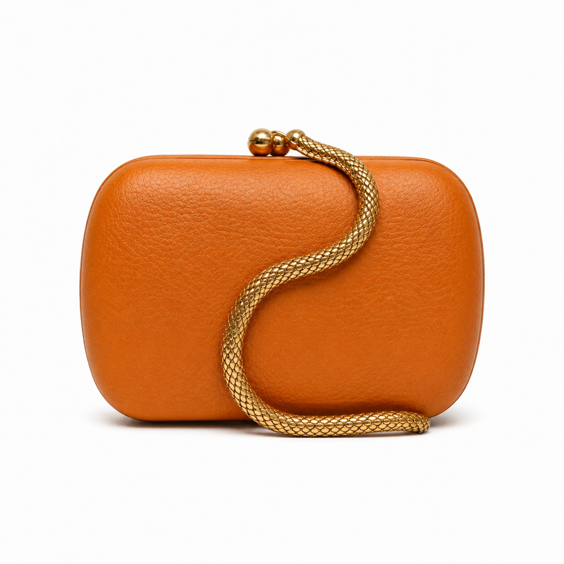 Orange Pebbled Leather Clutch Bag with Gold Snake Chain-3