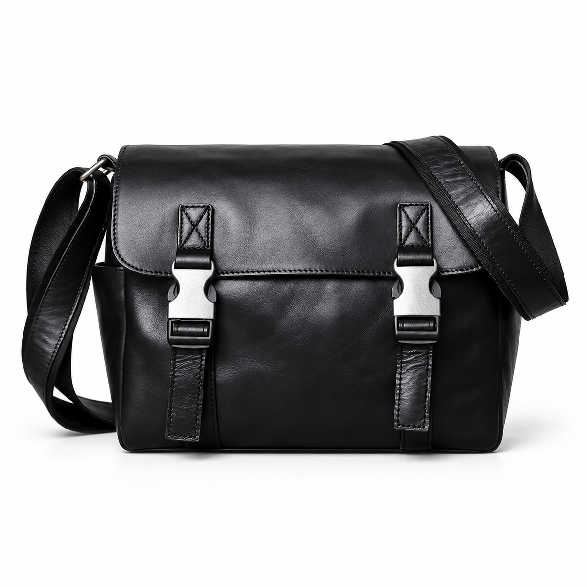 Black Leather Messenger Bag With Buckles-4