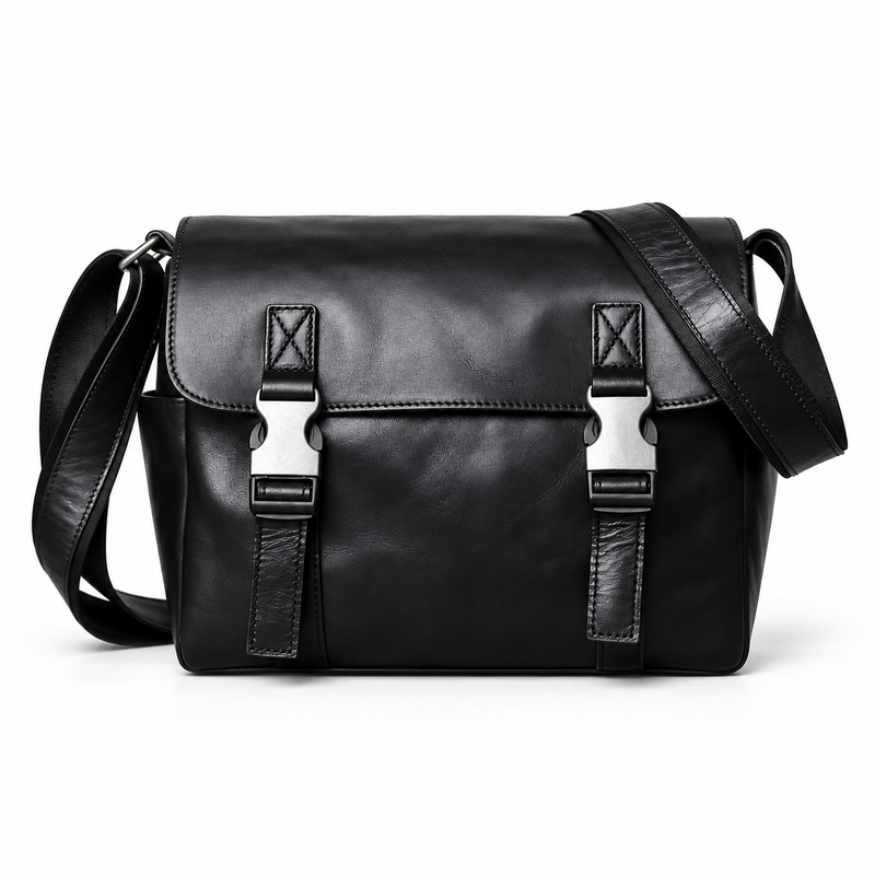 Black Leather Messenger Bag With Buckles-4