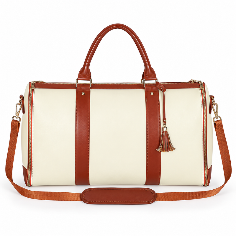 Ivory Brown Trim Overnight Travel Bag-4