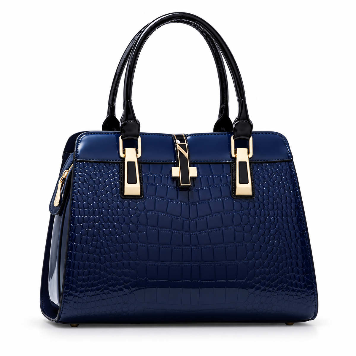 Navy Crocodile Embossed Gold Accent Handbag-4