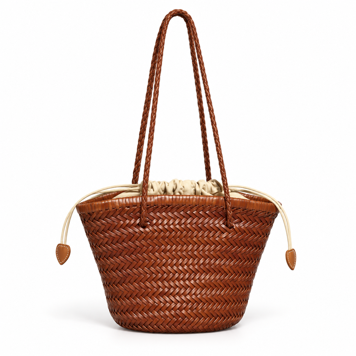 Brown Woven Tote With Braided Handles-4
