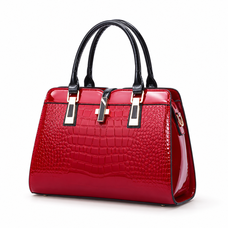 Glossy Red Crocodile Embossed Handle Handbag-3