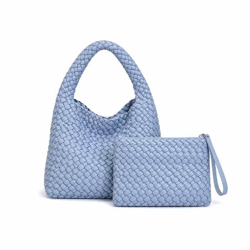 Powder Blue Woven Handbag Pouch Set-2