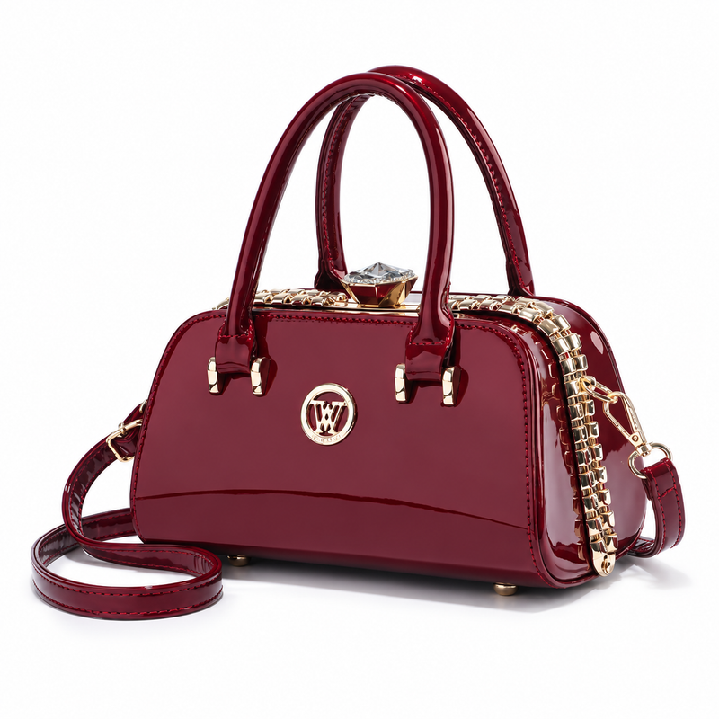 Elegant Burgundy Glossy Handbag With Crystal-3