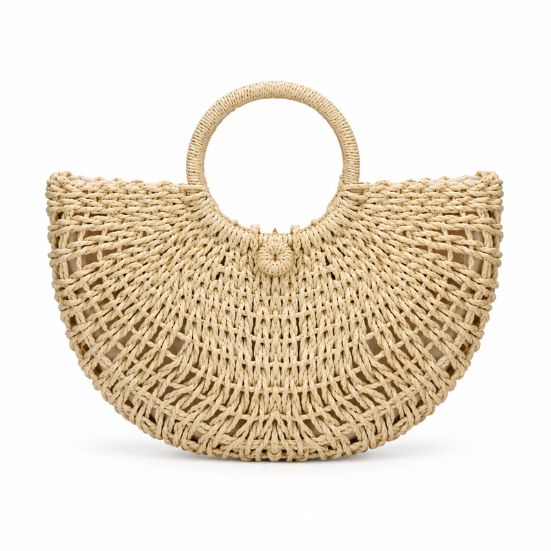 Natural Woven Raffia Half Moon Handbag-2