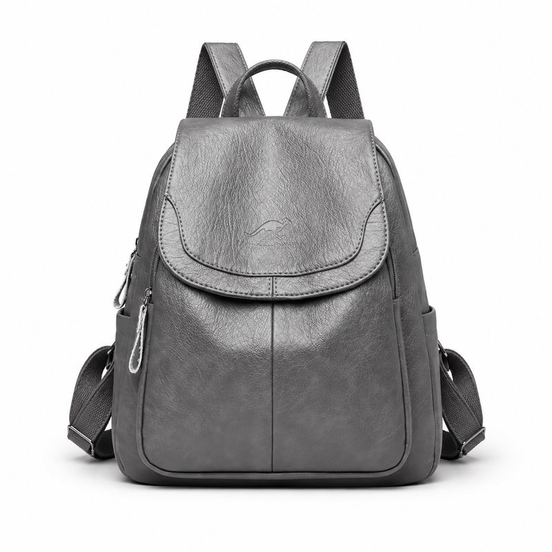 Grey Textured Flap Backpack With Pockets-4