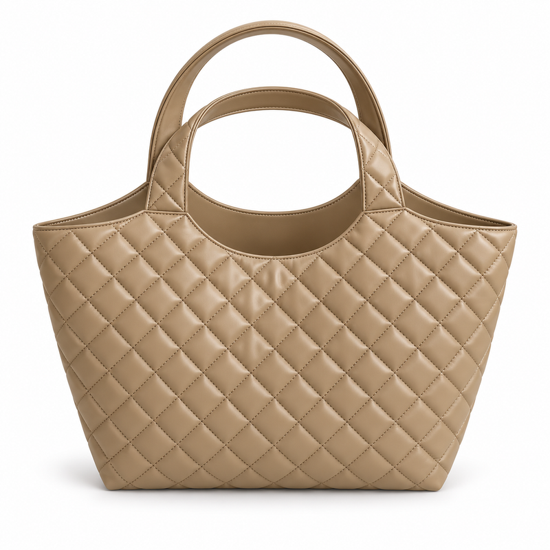 Khaki Quilted Vegan Leather Tote Bag-4