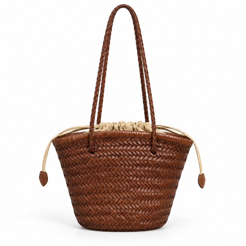 Coffee Woven Tote With Braided Straps-3