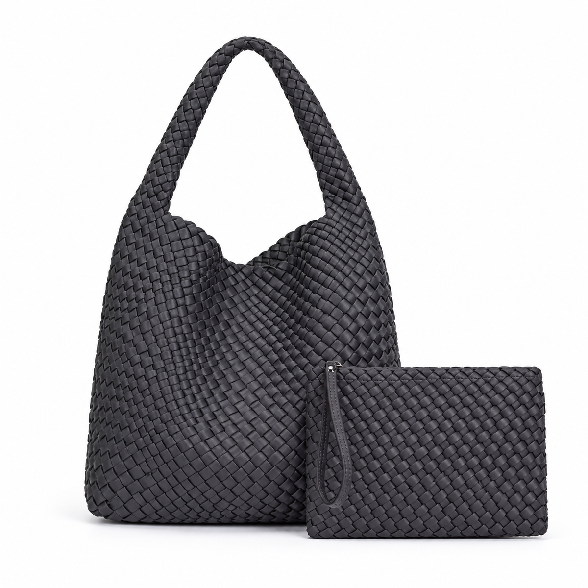 Charcoal Woven Hobo Bag With Pouch