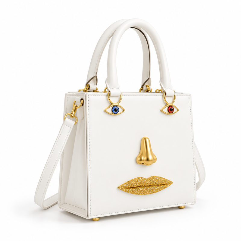 Artistic Face Detail Structured White Handbag-1