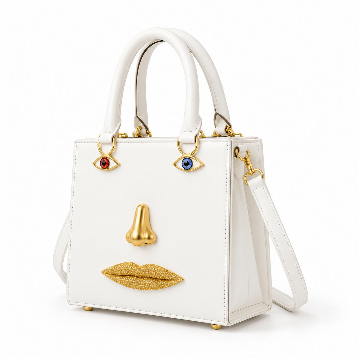 Artistic Face Detail Structured White Handbag-3