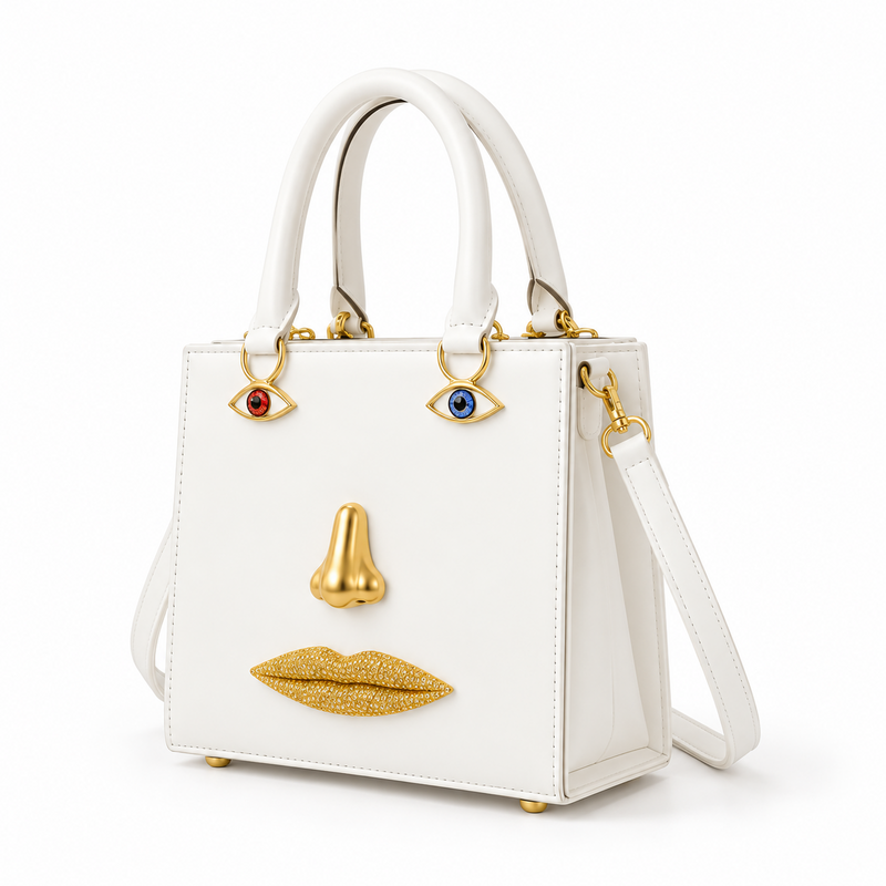 Artistic Face Detail Structured White Handbag-3