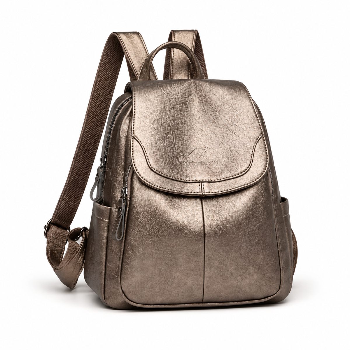 Metallic Bronze Flap Backpack With Pockets-1
