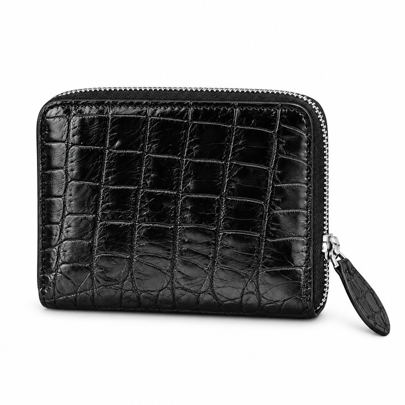 Black Crocodile Textured Compact Zipper Wallet-2