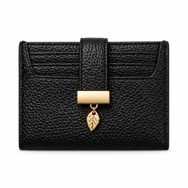 Black Pebbled Wallet With Golden Leaf-4