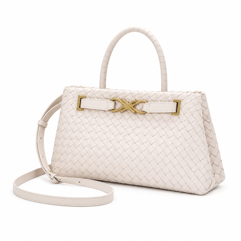 Elegant Ivory Woven Handbag Gold Accents-4