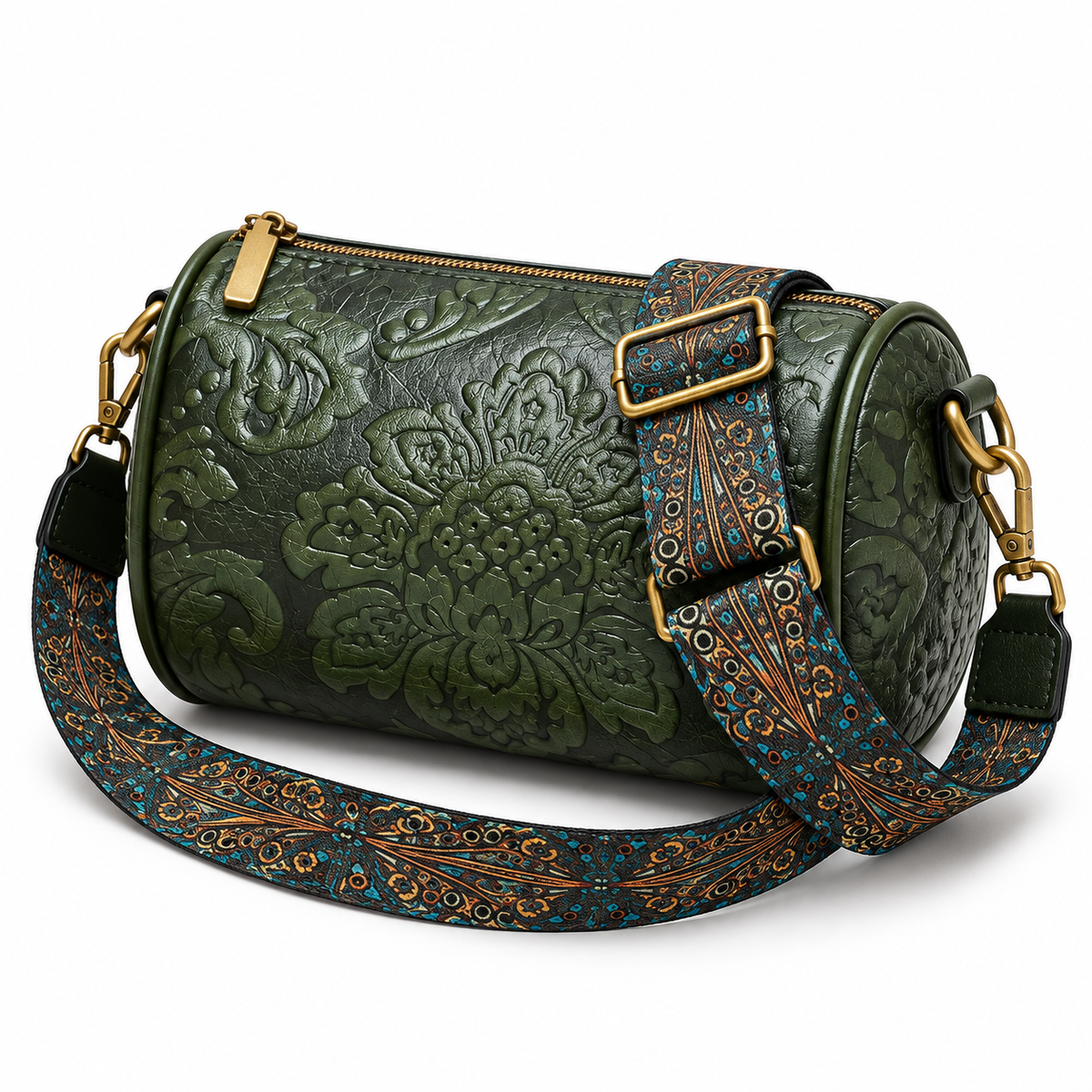 Olive Green Embossed Barrel Vintage Crossbody Bag-3