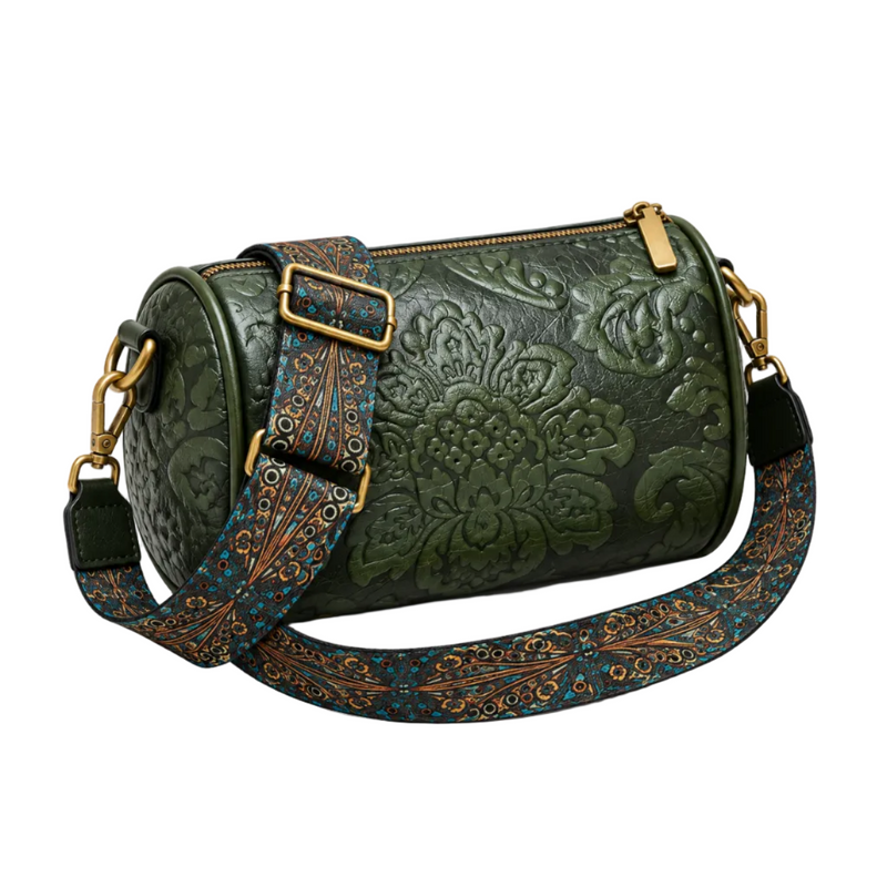 Olive Green Embossed Barrel Vintage Crossbody Bag-1