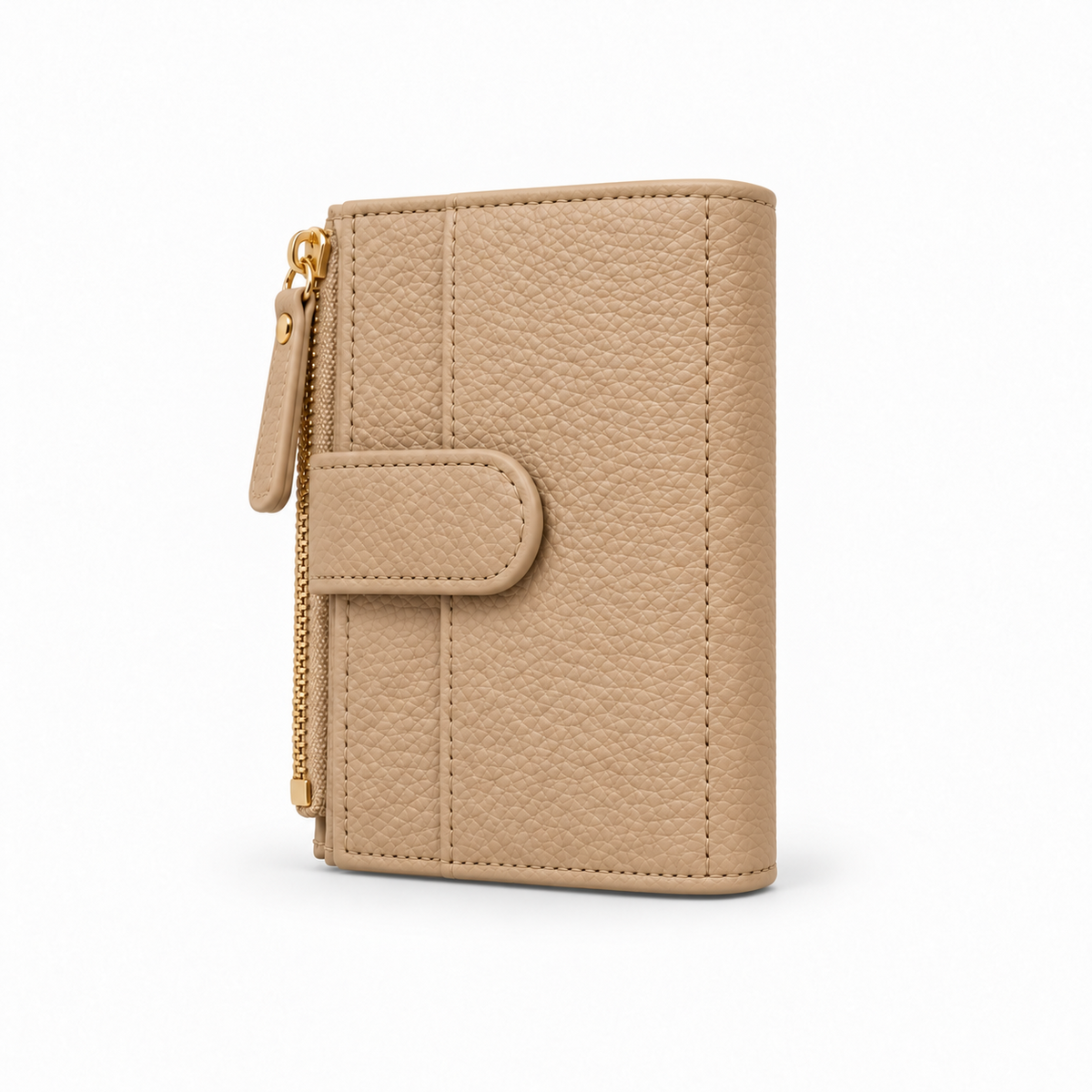 Beige Pebbled Compact Wallet With Zipper-2