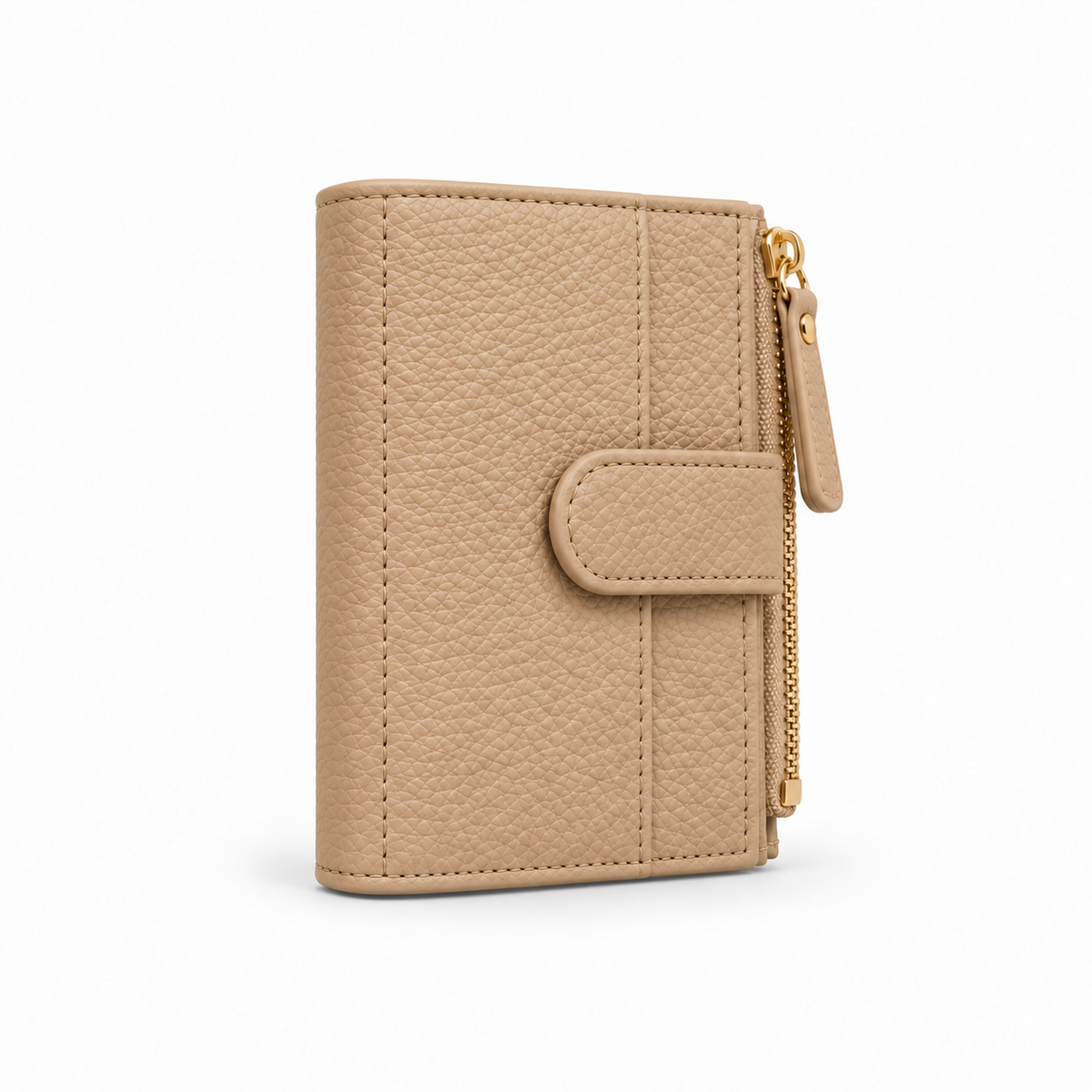 Beige Pebbled Compact Wallet With Zipper-1
