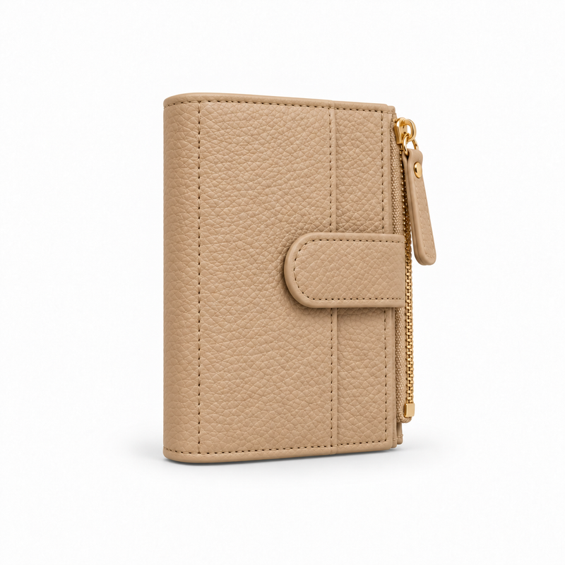 Beige Pebbled Compact Wallet With Zipper-1