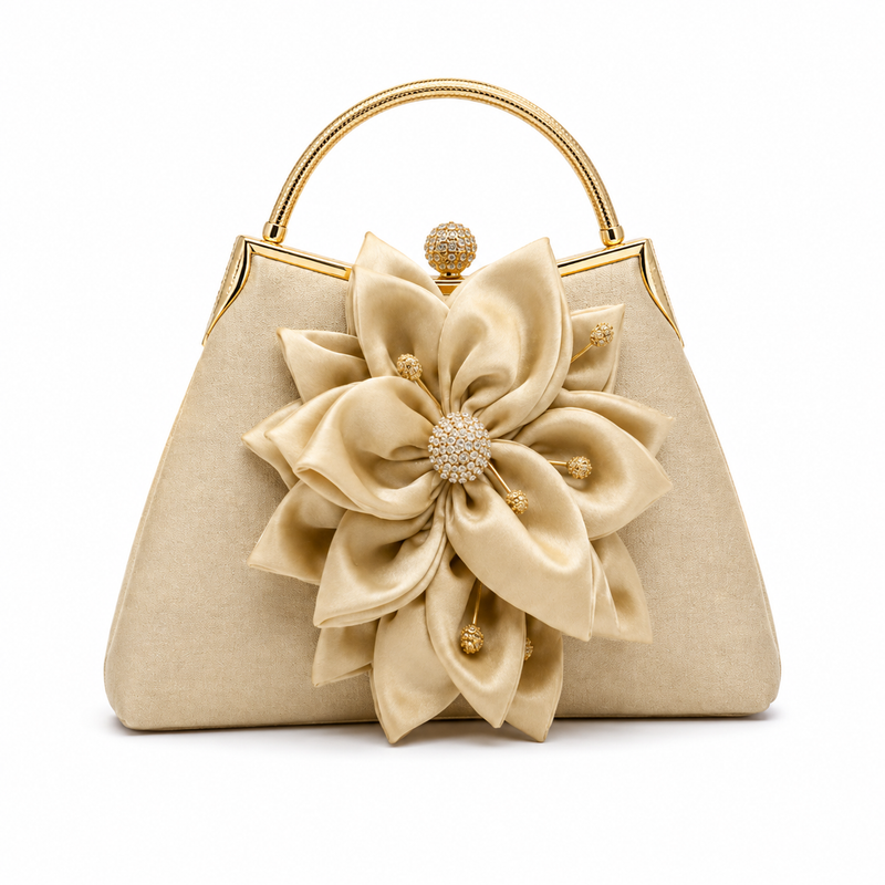 Champagne Floral Clutch with Rhinestone Clasp-4