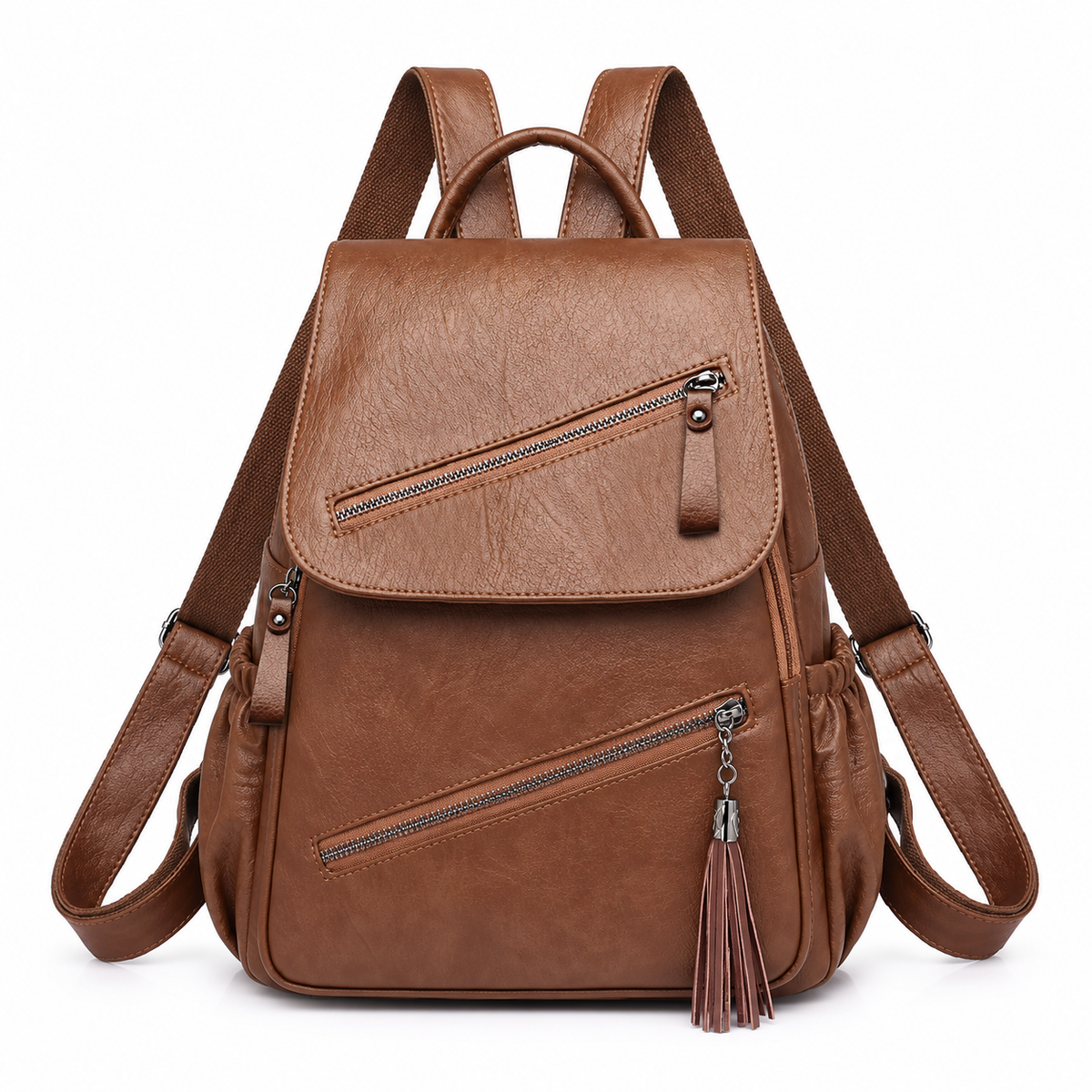 Brown Textured Backpack With Tassel Detail-4