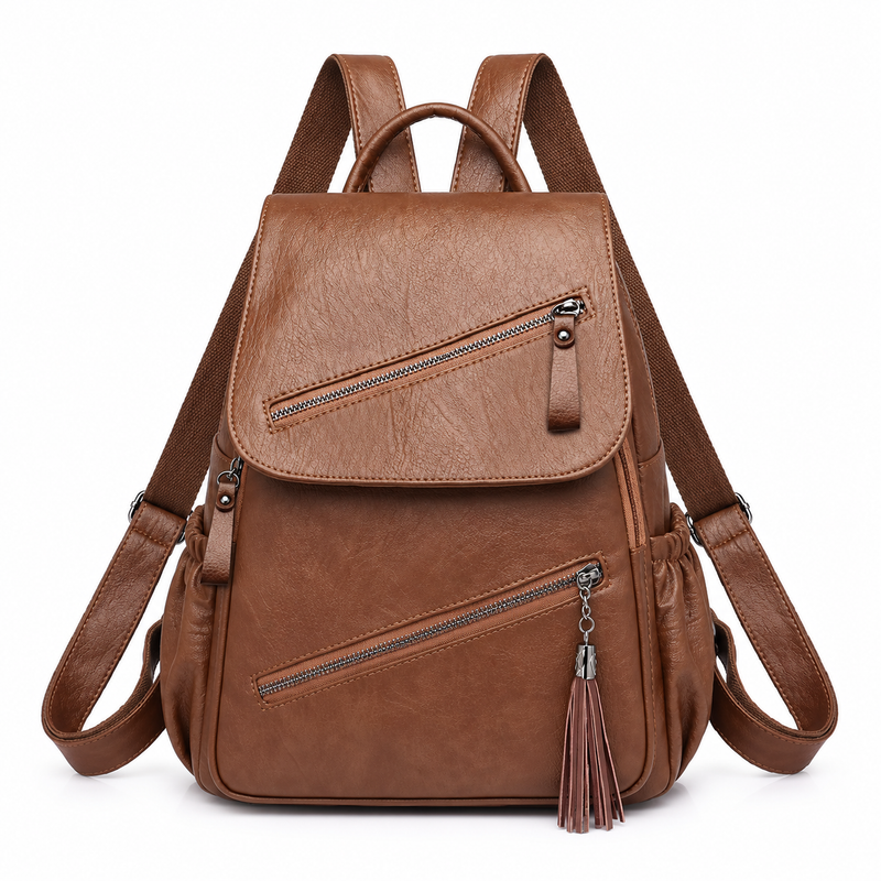 Brown Textured Backpack With Tassel Detail-4