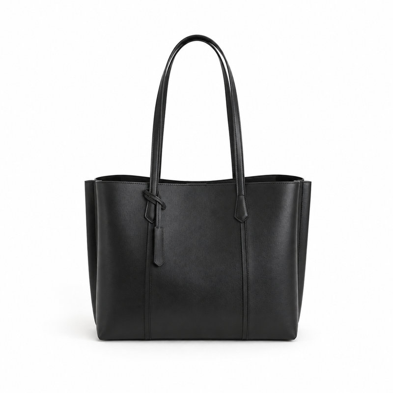 Classic Black Leather Shoulder Tote Bag-4