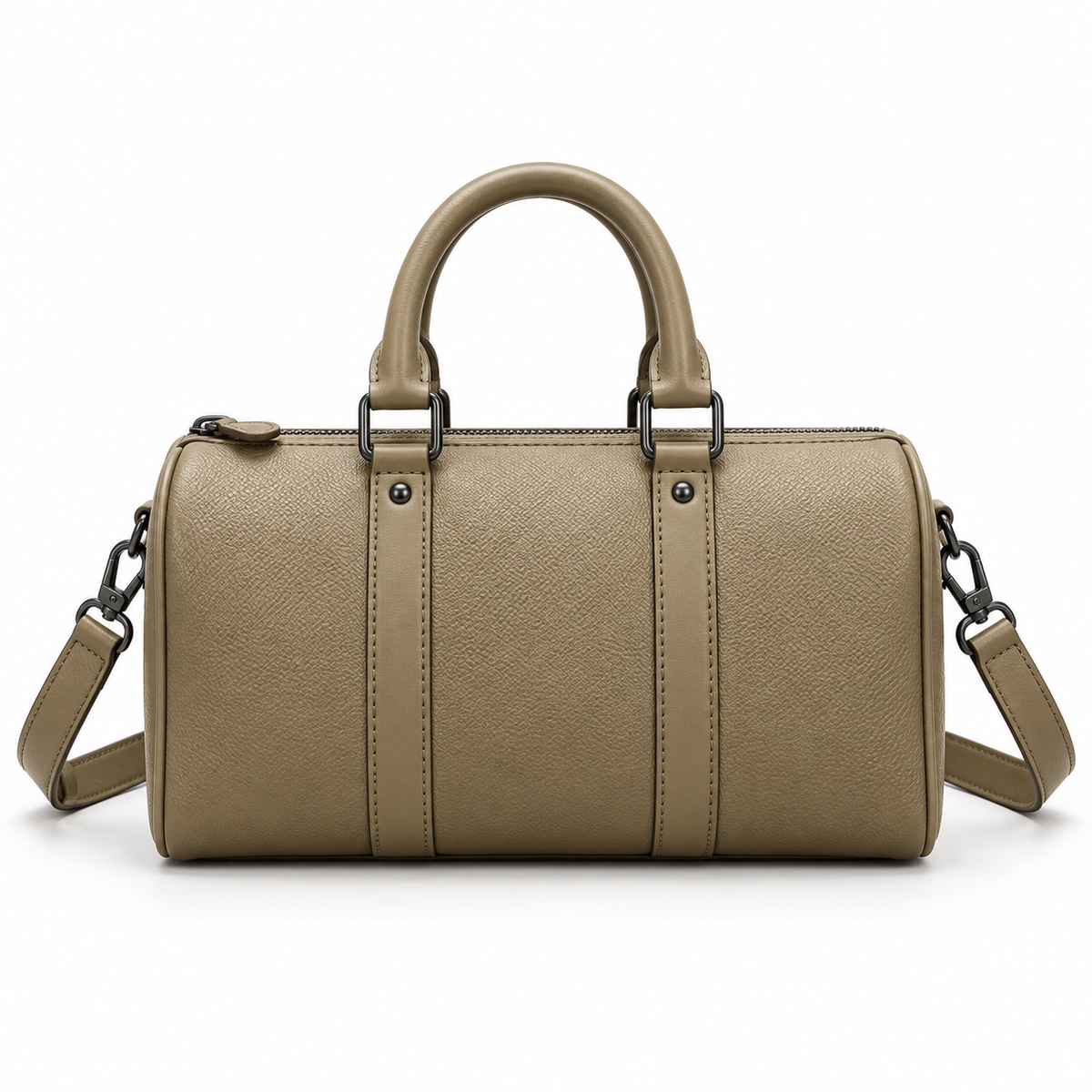 Khaki Textured Boston Bag With Strap-2