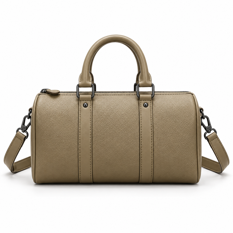 Khaki Textured Boston Bag With Strap-2