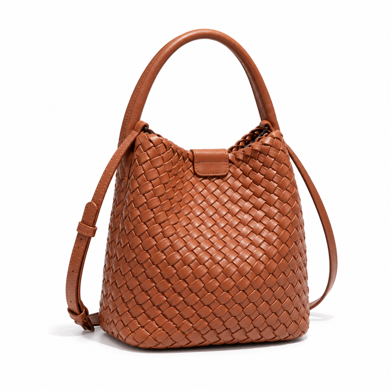 Elegant Brown Woven Bucket Shoulder Bag-1
