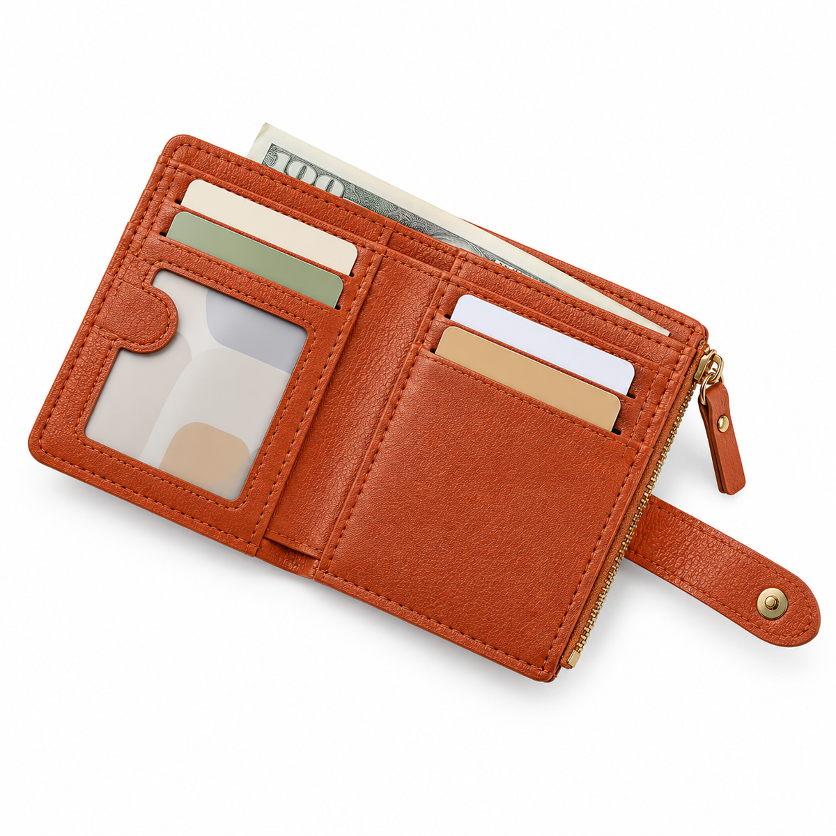Cognac Compact Wallet With Zipper Pockets-2