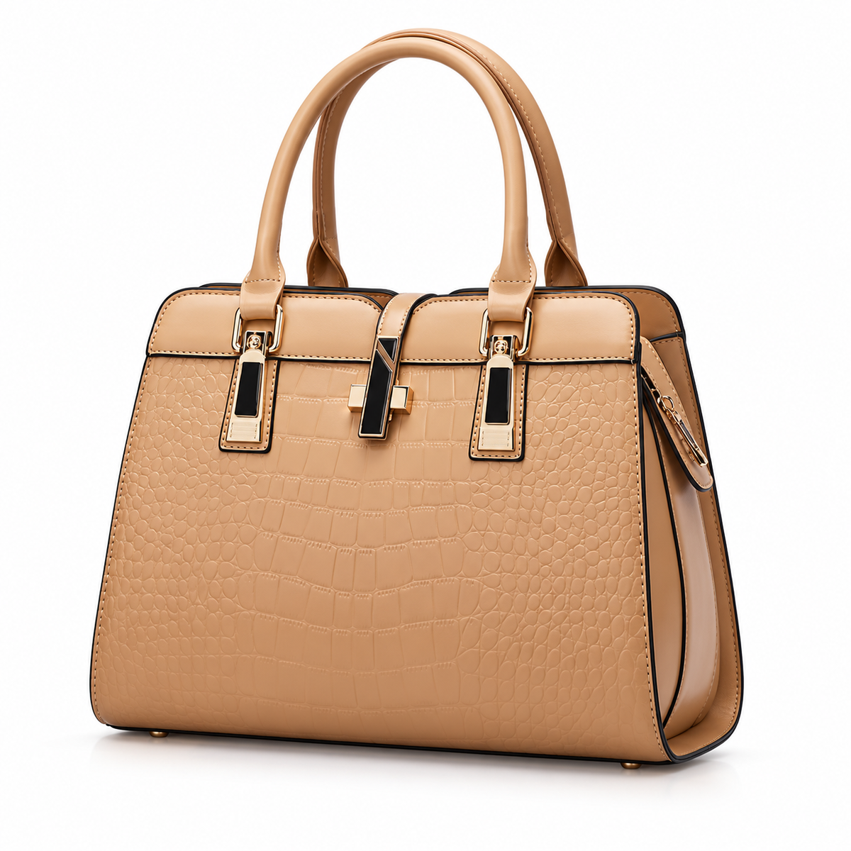Elegant Camel Crocodile Embossed Structured Handbag-2