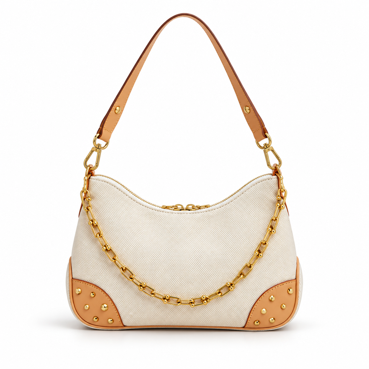Cream Textured Shoulder Bag With Chain-4