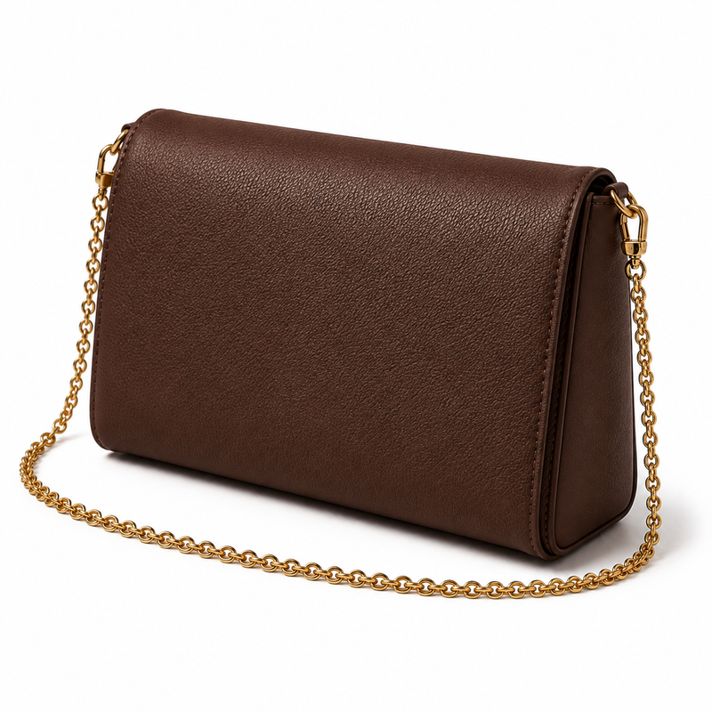 Chocolate Brown Textured Clutch Crossbody Bag with Gold Chain Strap-2