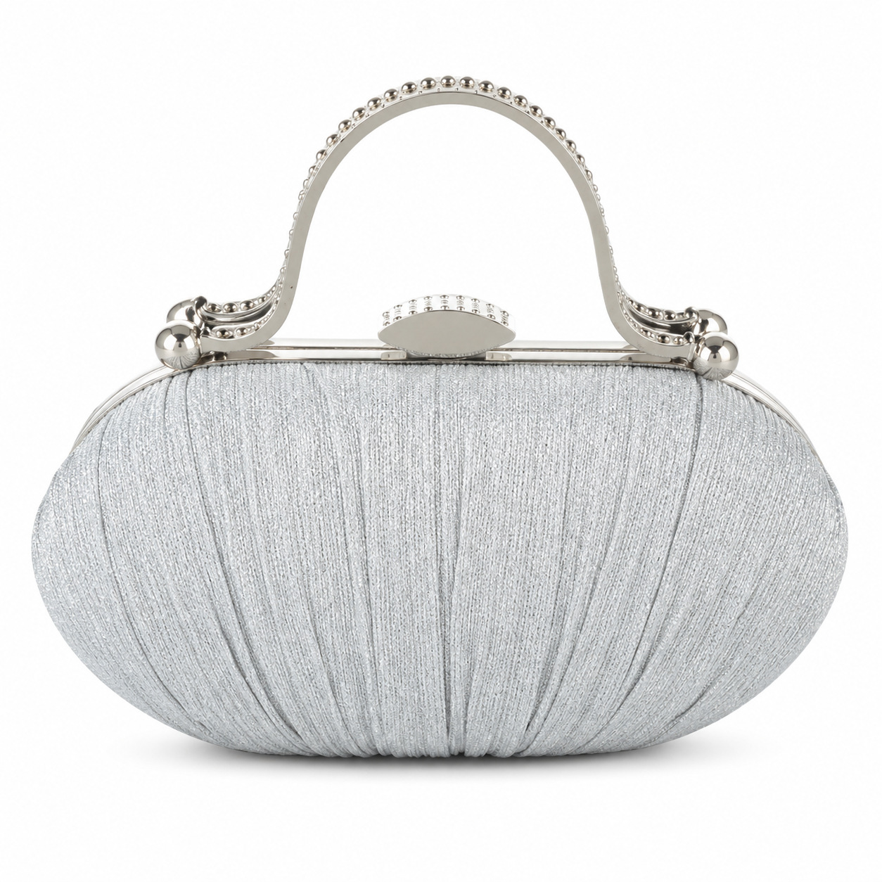 Silver Pleated Evening Clutch Bag with Decorative Metal Handle-1